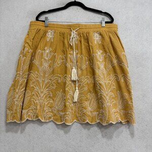 Soft Surroundings Skirt Womens XL Yellow Embroidered Floral Peasant Tassel Boho
